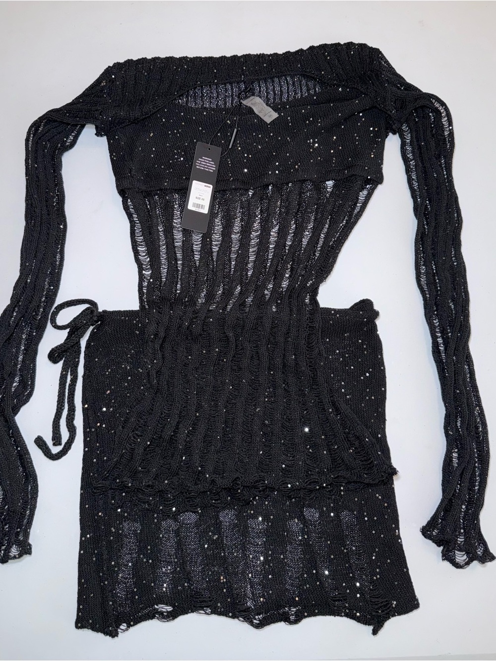 NWT Fashion Nova 3 piece Black Sequin Knit Cover Up Skirt Set Size XS